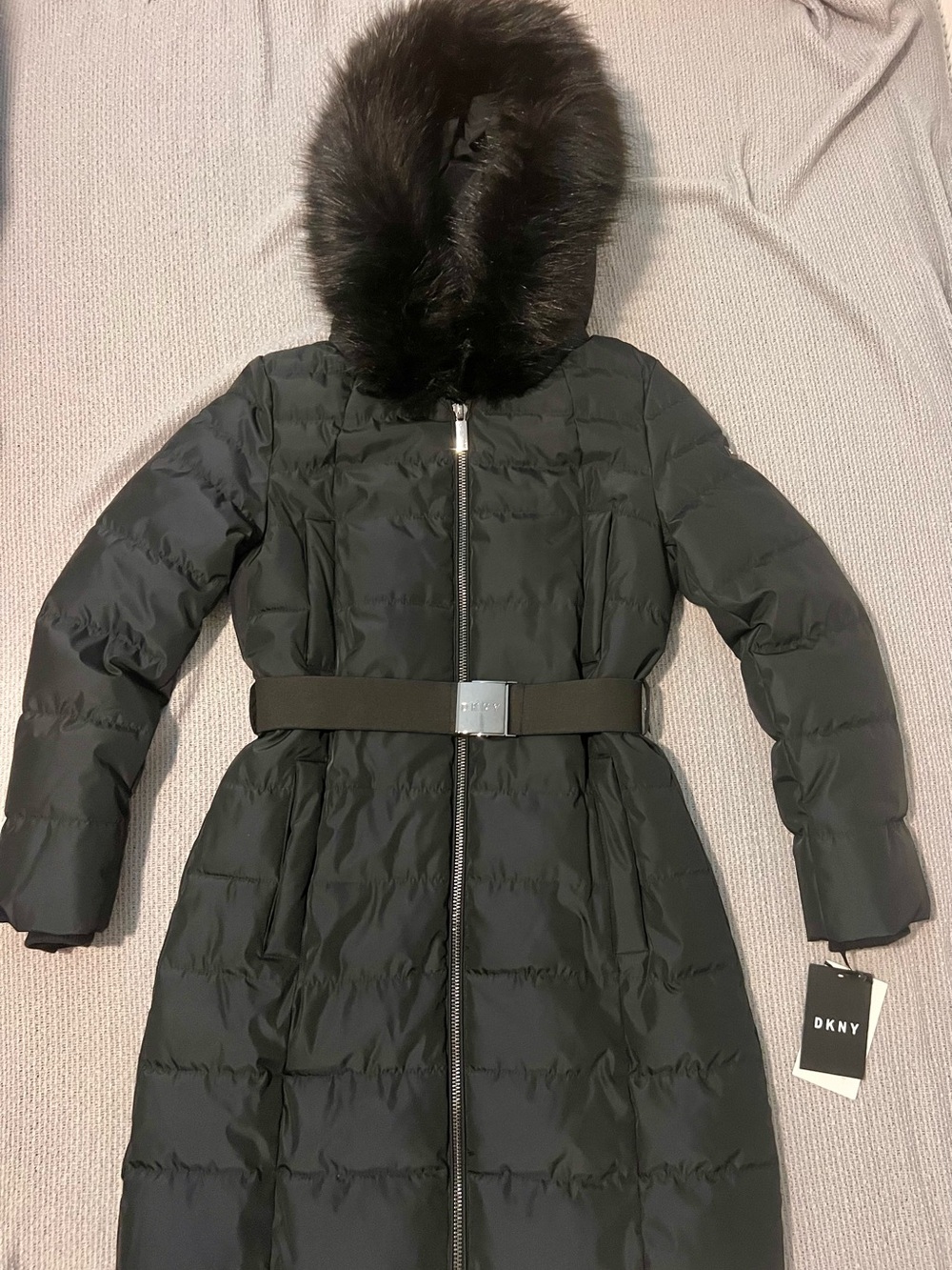 DKNY Black Long Belted Puffer Coat with Faux Fur Hood
